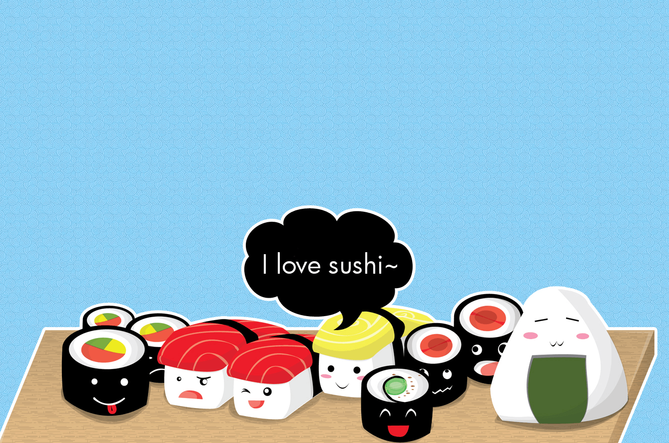 Cute Sushi Rolls Seamless Pattern Cartoon Funny Foods Characters Yummy  Little Pieces With Kawaii Faces Japan Rice Yellow Background Decor Textile  Wrapping Paper Wallpaper Vector Print Stock Illustration  Download Image  Now 