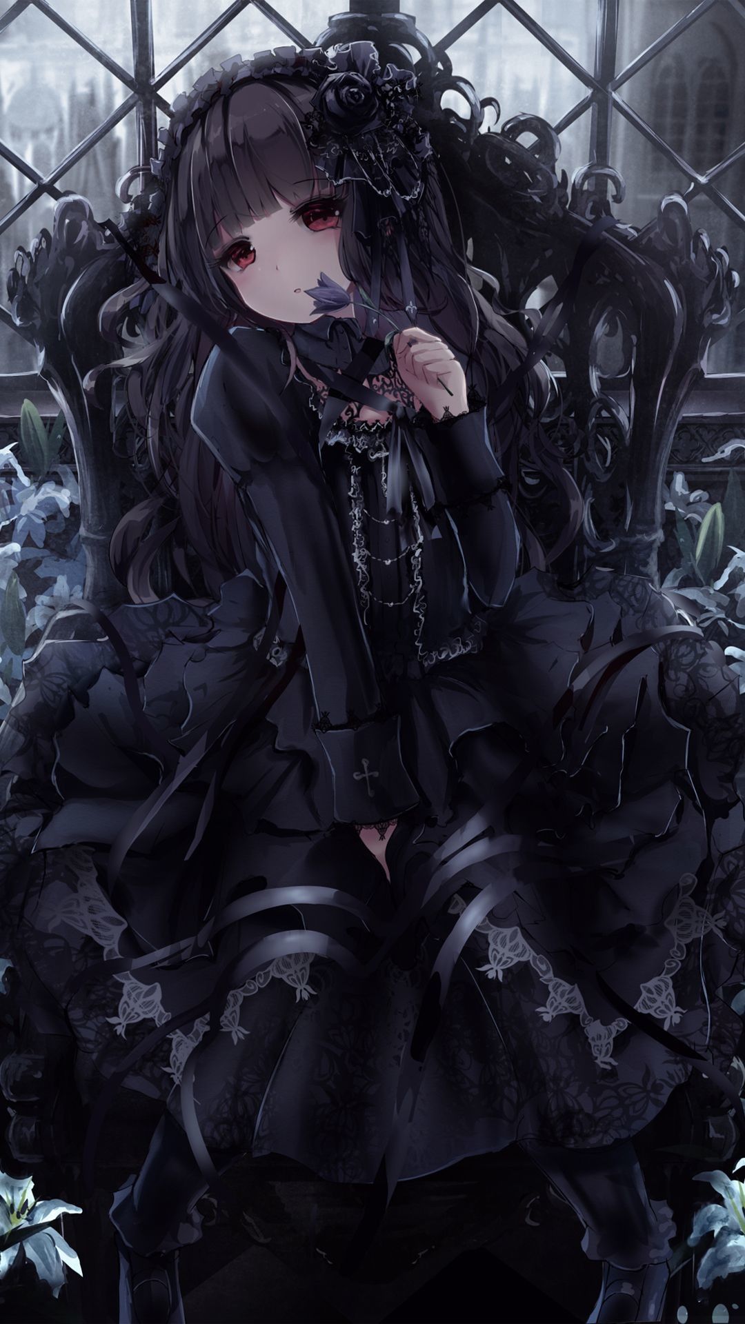 prompthunt wednesday addams portrait of a cute moody gothic anime girl  glistening pale white skin black eyeliner black pigtails finely detailed  victorian black dress with white collars haunted house backdrop 2d black