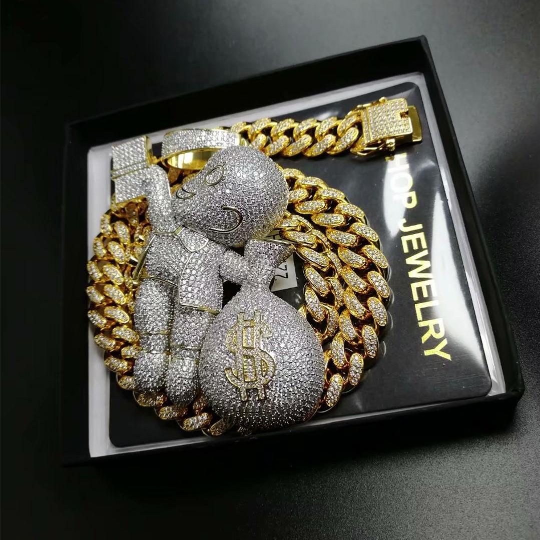 Hip Hop Miami Cuban Link Chain Ice Bling Rocafella Piece Pendant 14k Gold Plated 