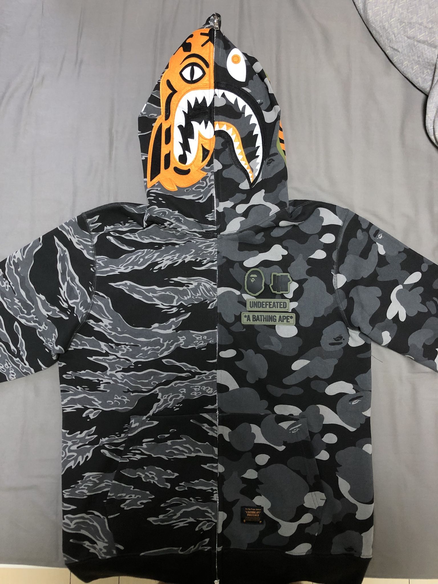 bape x undefeated tiger shark half full zip hoodie black