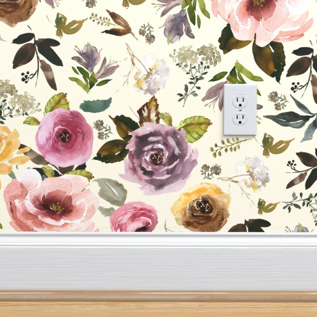 Peel-and-Stick Removable Wallpaper Plum Floral Seasonal Watercolor Flowers Rose