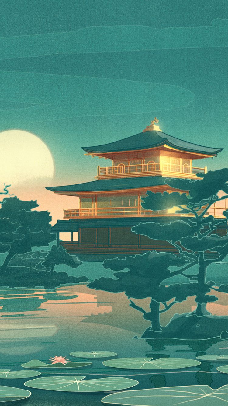 Anime Sky Lantern Mountain Japanese Castle Night Scenery 4K Wallpaper #106