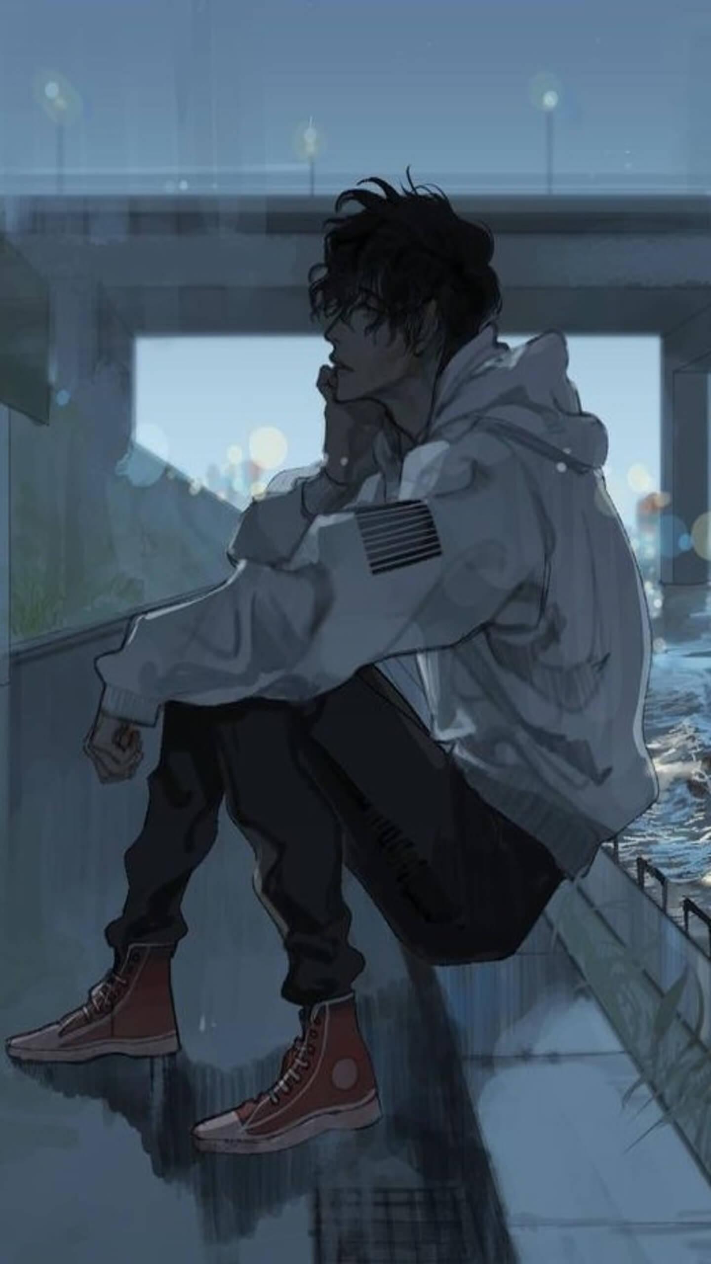 Sad anime boy in rain beautiful profile with name picture create