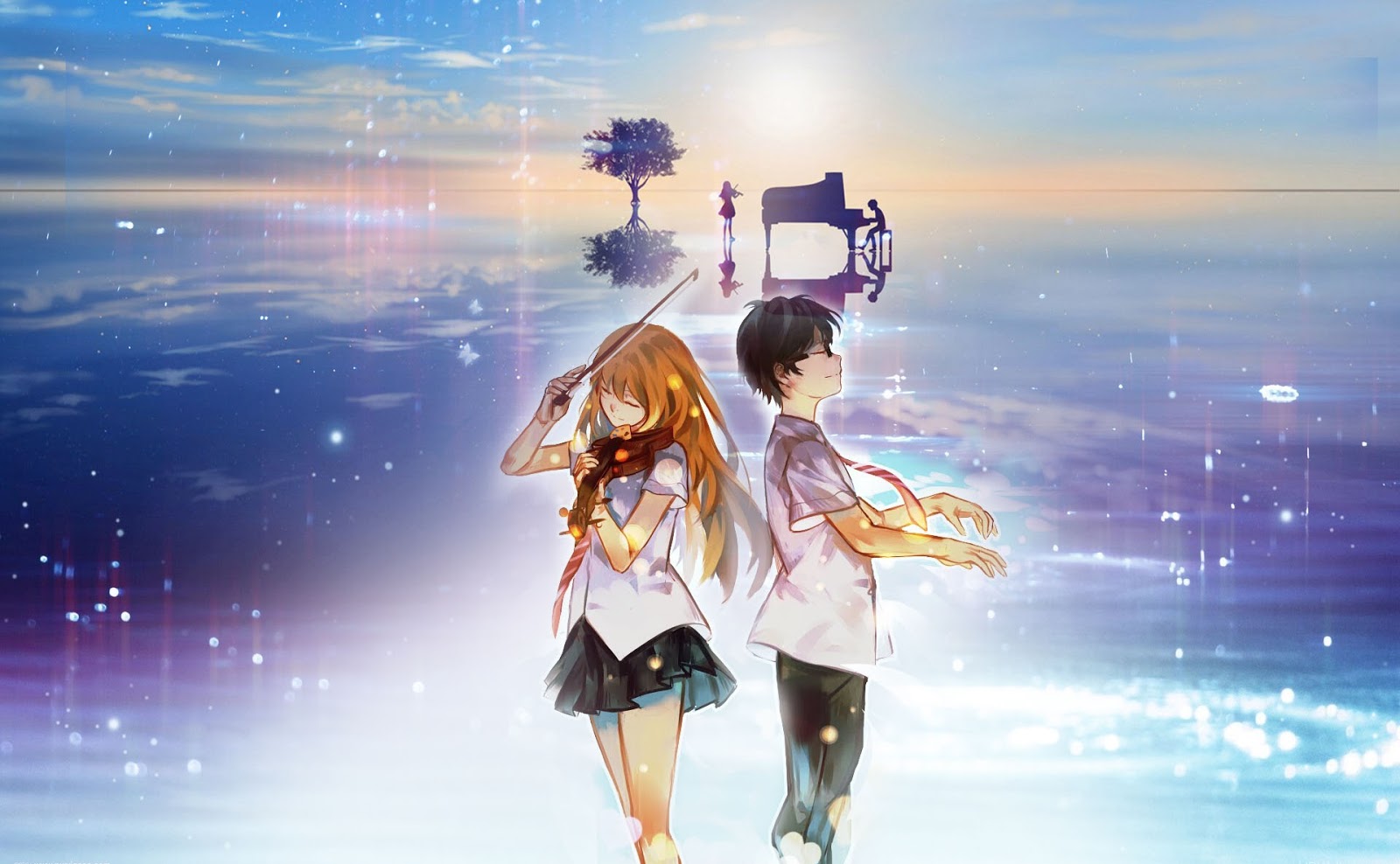 Wallpaper the sky, petals, pair, Shigatsu wa Kimi no Uso, Your April lie  for mobile and desktop, section сёдзё, resolution 1920x1080 - download