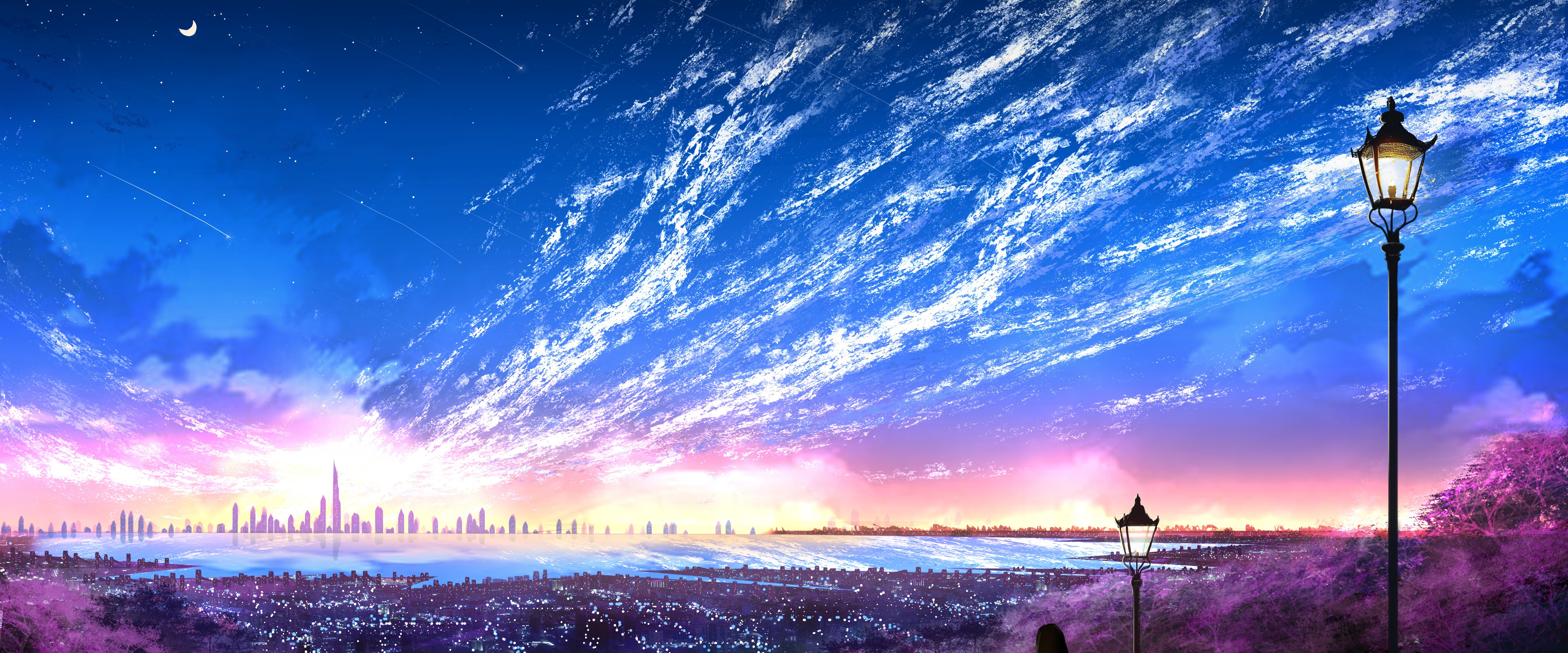 Anime Landscape for Desktop Sea Ships Colorful Clouds Scenic Tree Horizon 4K  wallpaper