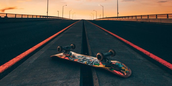 2560x1440 Wallpaper of Skateboard, Road, Marking, Sunset, Bridge background