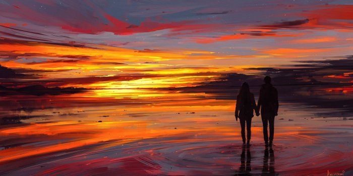 1920x1080 Silhouette of couple holding hands painting, artwork, illustration