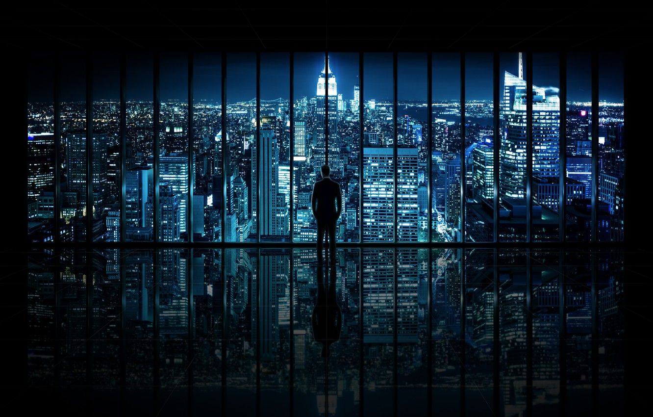 1332x850 Wallpaper night, the city, view, window, male, The Dark Knight, New