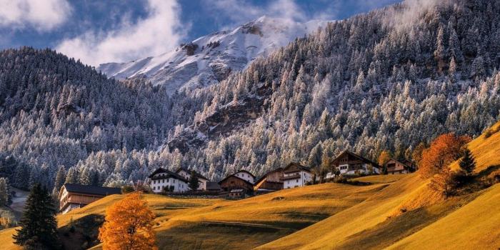 1300x868 nature, Landscape, Mountains, Forest, Snowy Peak, Fall, Village, Dry