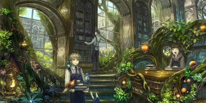 1350x955 2928053 library trees books birds magic wallpaper and background