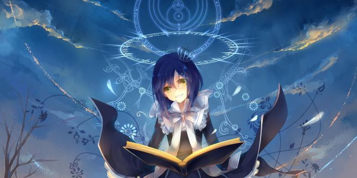 1767x2150 clouds, blue hair, books, magic, yellow eyes, crowns, crows