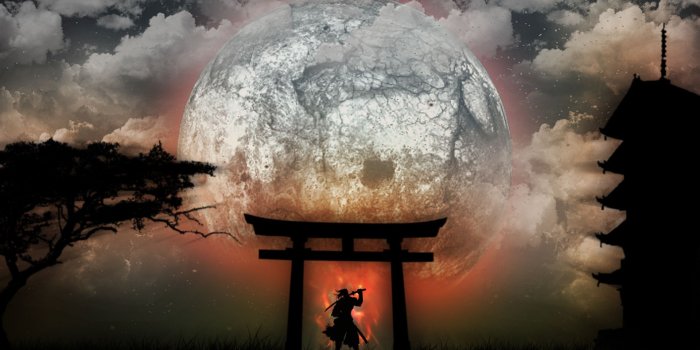 1920x1080 Japan, Moon, samurai, drawings :: Wallpapers