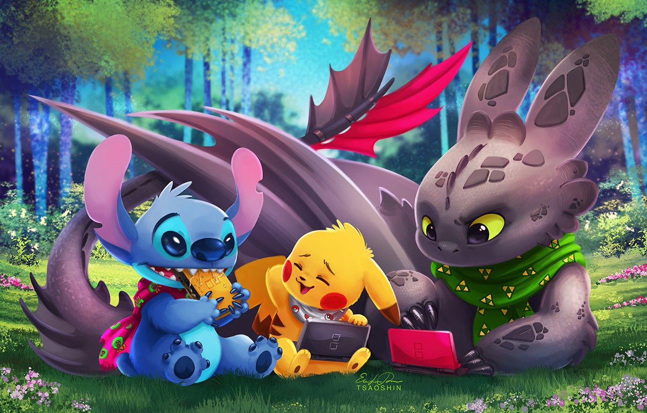 1332x850 Wallpaper Pokemon, Toothless, Pikachu, Crossover, Lilo & Stitch, How