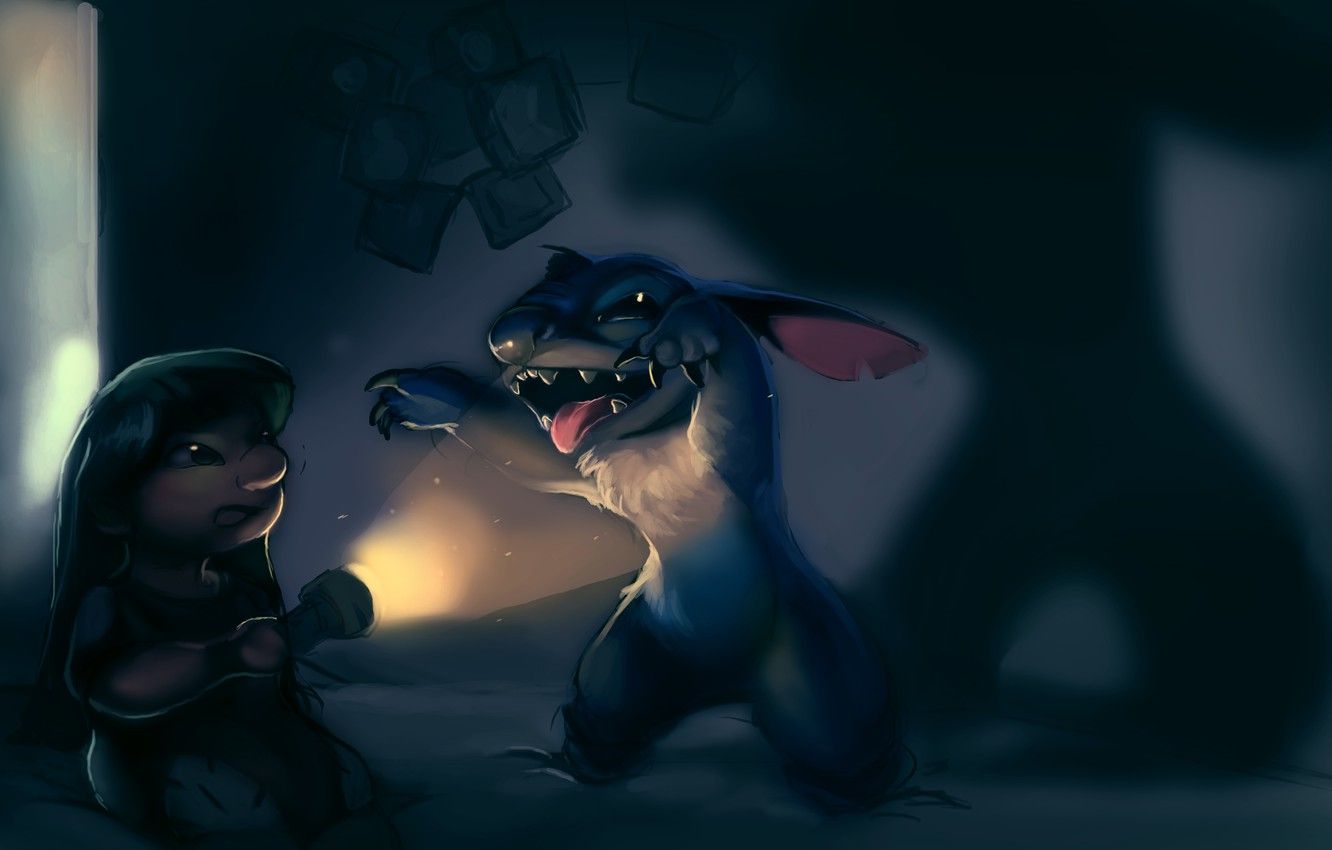 1332x850 Wallpaper night, room, dark, girl, lantern, alien, Stitch, Lilo and