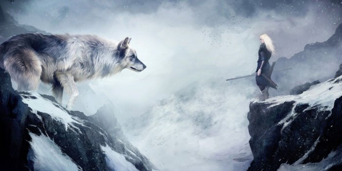 1920x1080 Wallpaper wolf, 4k, HD wallpaper, mountain, girl, animals, winter