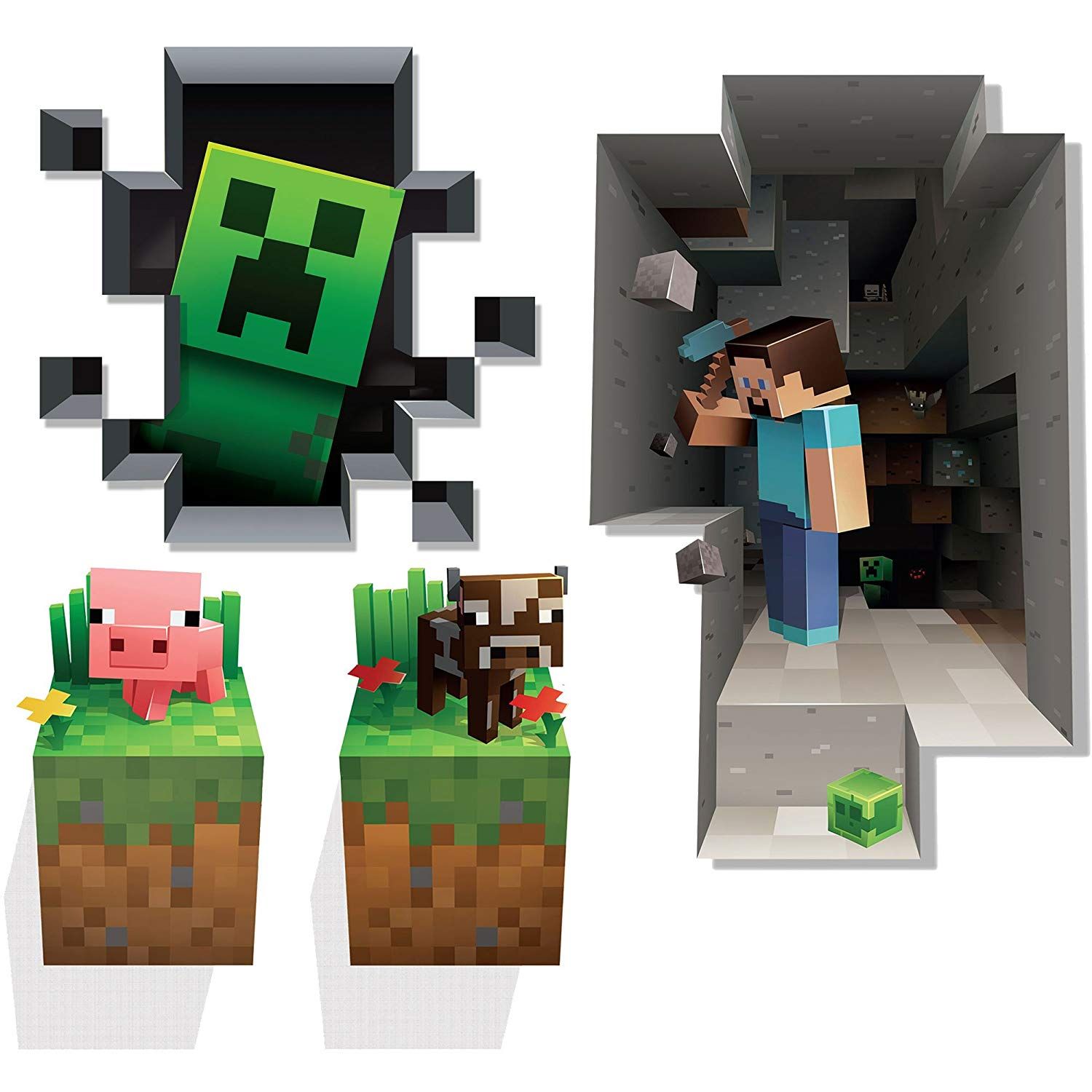 1500x1500 JINX Minecraft Wall Cling Decal Set (Creeper, Steve, Pig, Cow)