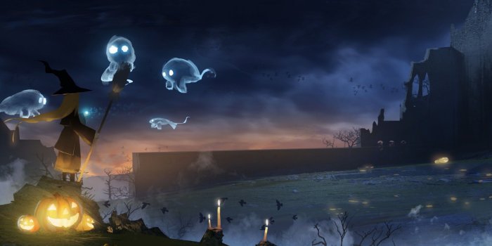 2560x1600 Download 2560x1600 Anime Girl, Halloween, Ghosts, Witch, Pumpkin