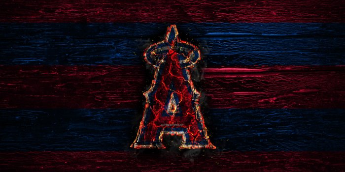 2880x1800 Download wallpapers Los Angeles Angels, fire logo, MLB, purple and