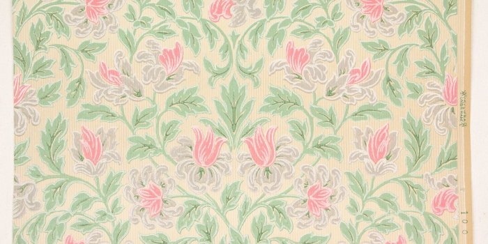 1280x853 1930s Vintage Wallpaper Pink Flowers and Green Leaves on Beige