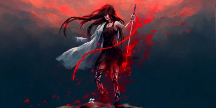 2700x1404 2805443 artwork fantasy art anime warrior redhead blood nanfe