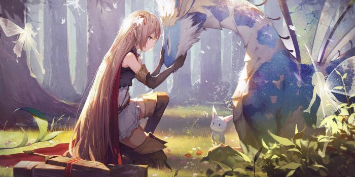 1332x850 Wallpaper forest, animals, girl, trees, nature, weapons, magic