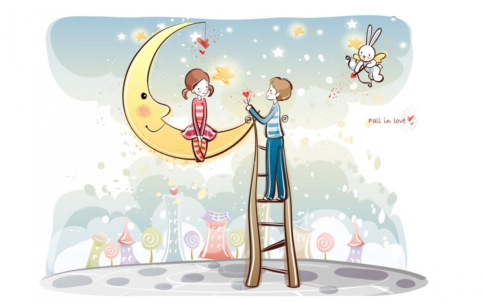 2880x1800 Cartoon Couple, Moon, Love, Digital-art, Wallpaper - Gift Wallpaper