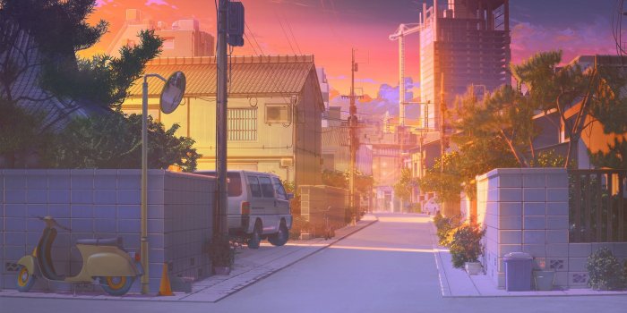 1920x1080 Download 1920x1080 Anime Street, Scenic, Sunset, Buildings, Car