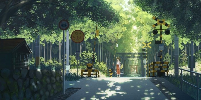 1366x768 Download 1366x768 Anime Street, Anime Girl, Miko, Sunlight, Trees