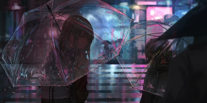 7402x3840 wallpaper girl, umbrella, anime, rain, street, night HD : Widescreen