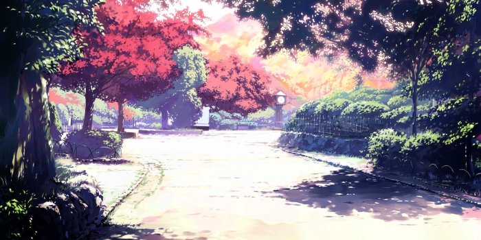 1920x1200 trees, street, fence, park, anime :: Wallpapers
