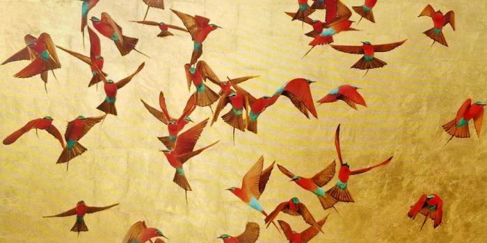 1024x768 Ascent - Carmine Bee Eaters - Oil on 24k Gold