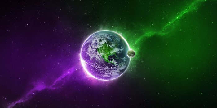 2560x1600 green, outer space, multicolor, stars, planets, Moon, purple, Earth