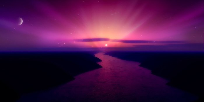 2560x1600 Beautiful sunrise, purple sky, moon, river, creative picture