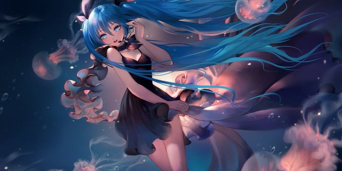 1332x850 Wallpaper girl, dress, jellyfish, Hatsune Miku, Vocaloid, under