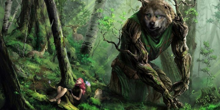 2560x1440 Download 2560x1440 Giant Wolf, Girl, Beast, Deers Wallpapers for