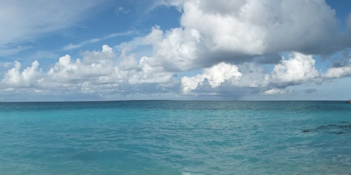 5760x1080 sea, Water, Palm trees, Trees, Grass, Far view, Sky, Clouds, Blue