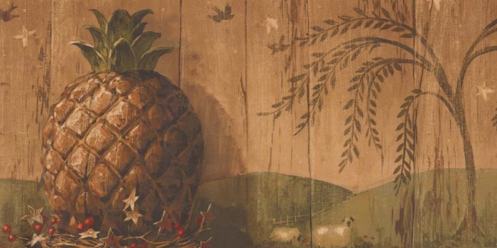 1000x1000 Vintage Pineapple Red Berries Faux Carved Brown Wood Prepasted Wallpaper  Border