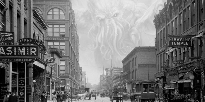 2844x1600 Cthulhu invading and old city street : wallpapers
