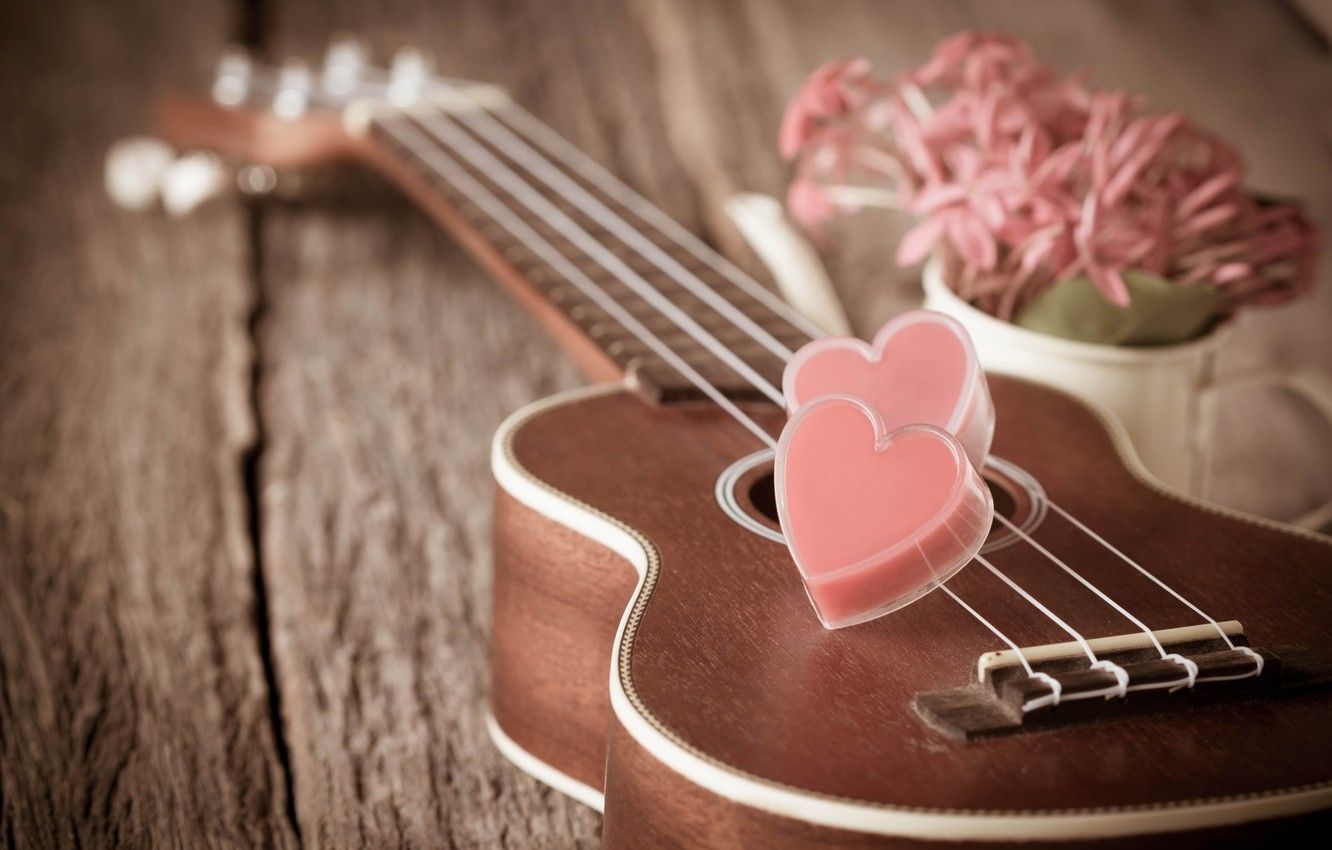 1332x850 Wallpaper flowers, heart, guitar, love, vintage, heart, romantic