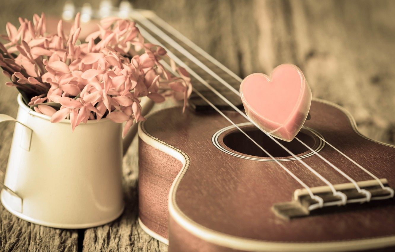 1332x850 Wallpaper flowers, heart, love, vintage, heart, romantic, ukulele