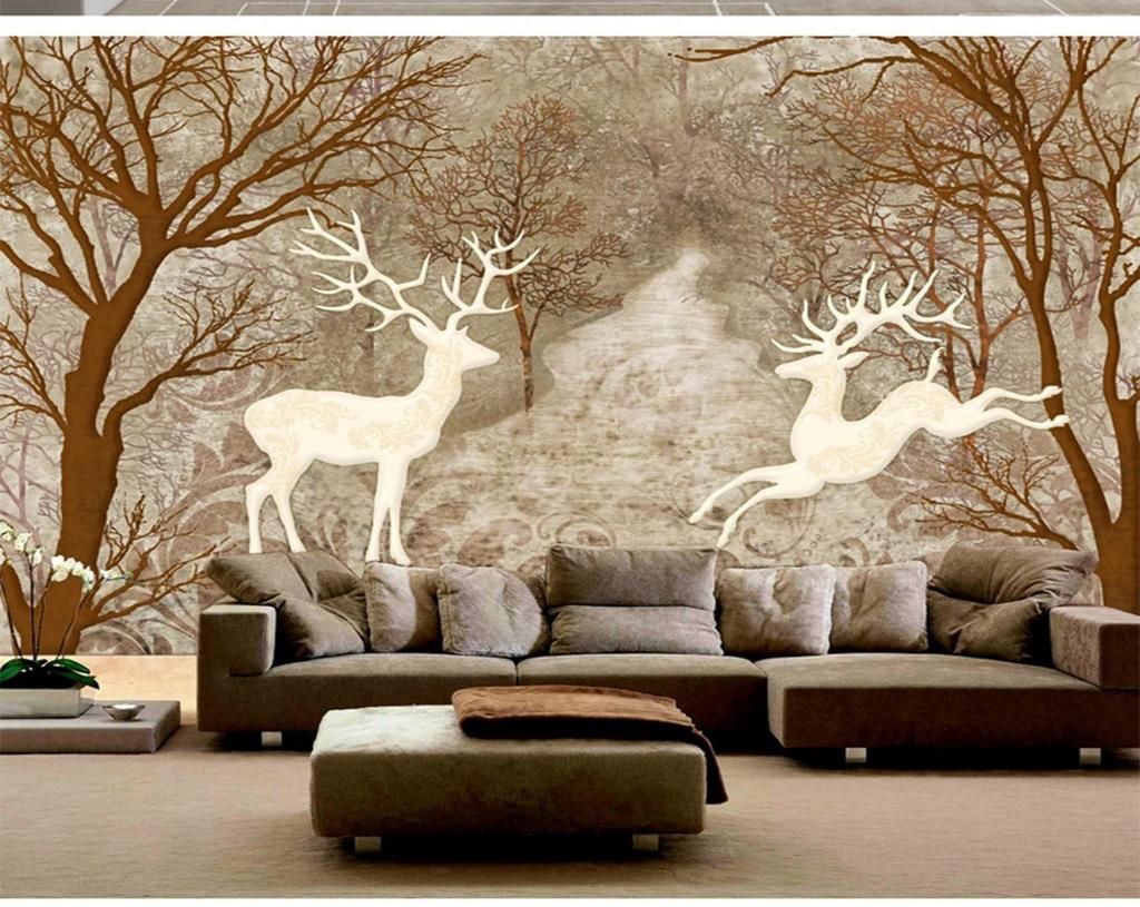 1024x815 Custom Retail Forest Deer Romantic Vintage Background Wall Decoration  Painting White Forest Couple Deer Together Mural