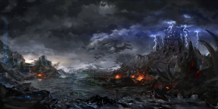 1441x700 Clouds c_z_ dark landscape pixiv fantasia scenic sky water wallpaper