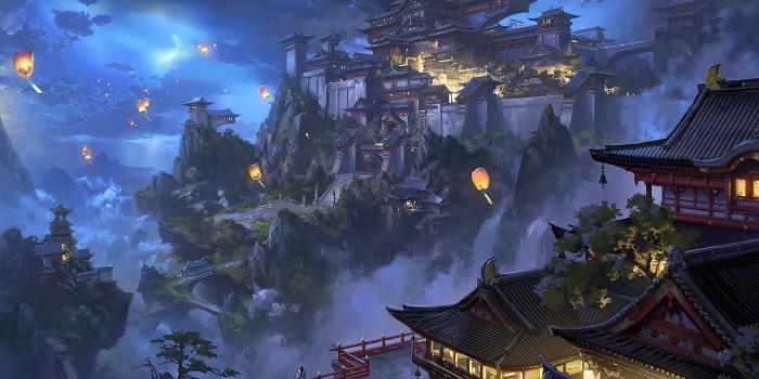 2560x1600 Anime Sky Lantern Mountain Japanese Castle Night Scenery 4K