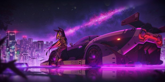 1332x850 Wallpaper Auto, Night, Music, The city, Machine, Neon, Illustration