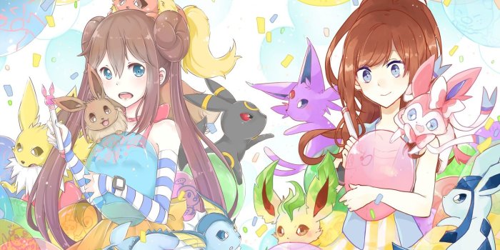 1500x892 2girls blue eyes brown eyes brown hair choker eevee elbow gloves