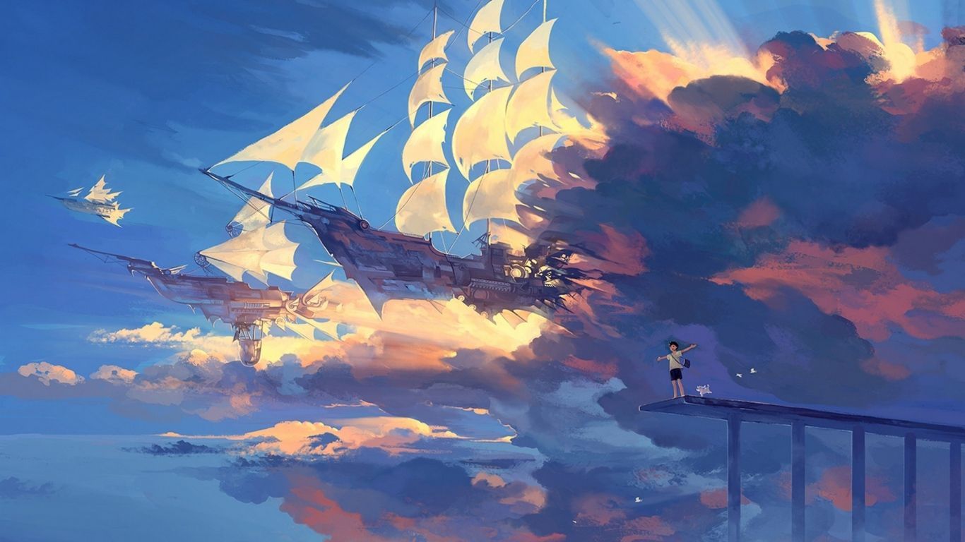 1366x768 1366x768 Wallpaper hanyijie, sky, scenery, ship, anime, art | the