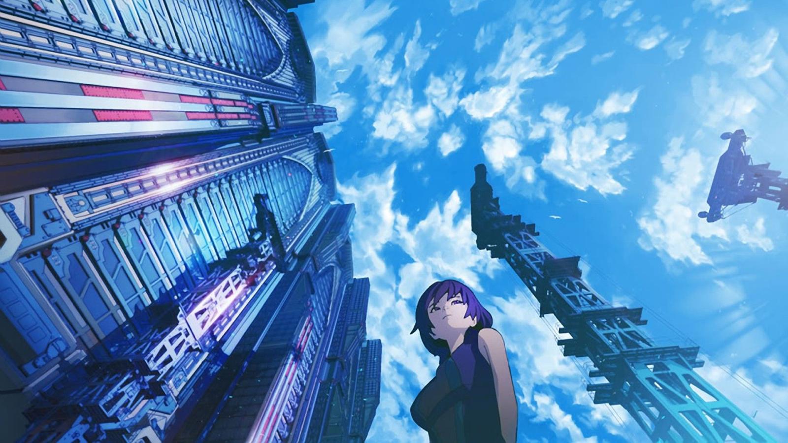 1920x1080 clouds, cityscapes, tower, buildings, purple hair, short hair