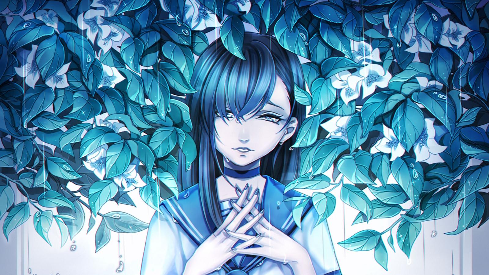 2560x1440 Download wallpaper 2560x1440 girl, anime, sadness, leaves, art