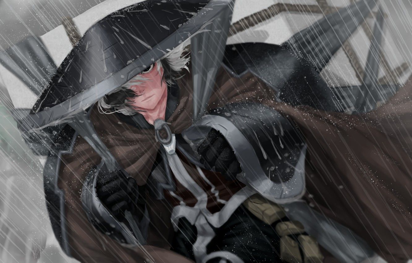 1332x850 Wallpaper character, rain, hat, anime, digital art, artwork, Samurai