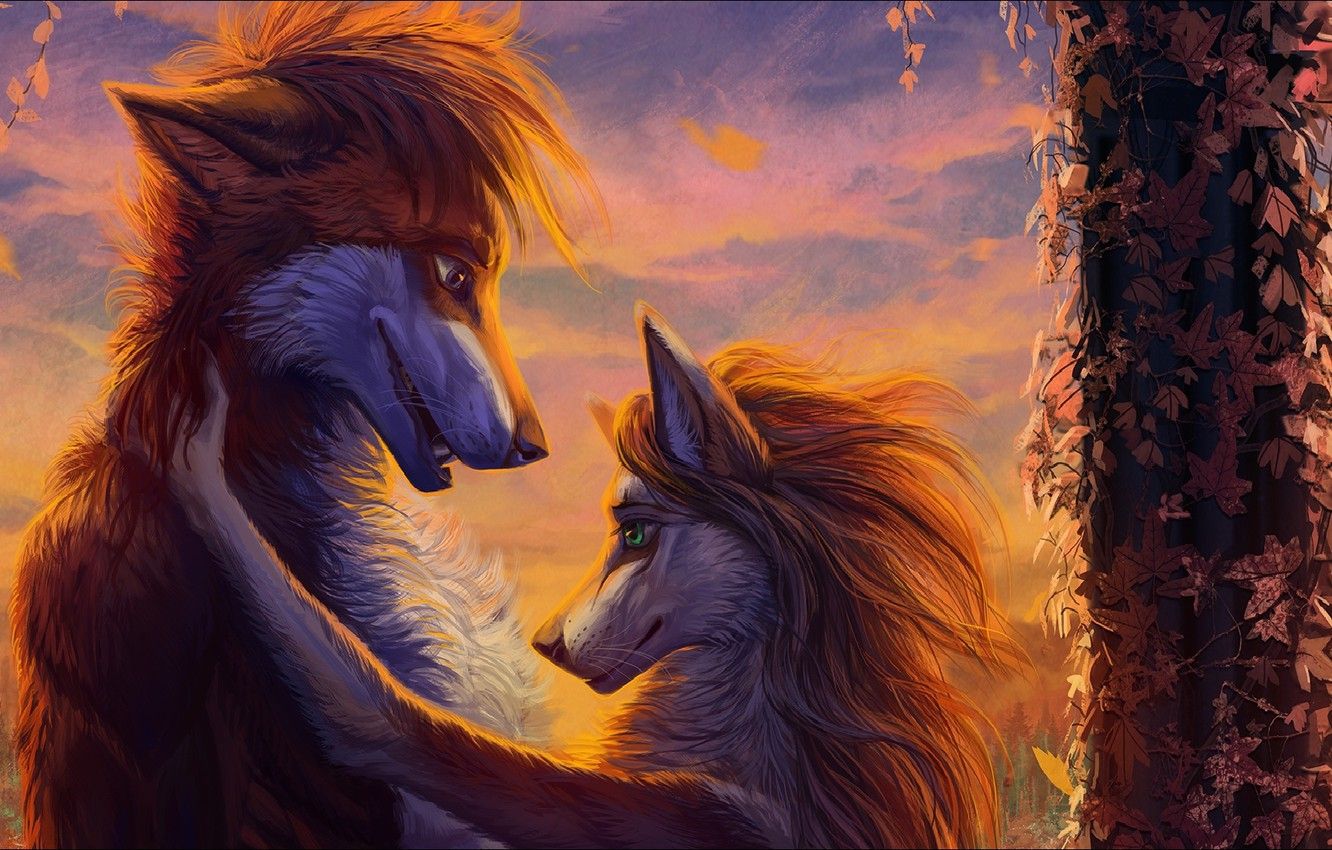 1332x850 Wallpaper love, fantasy, Art, two, painting, wolves, picture images